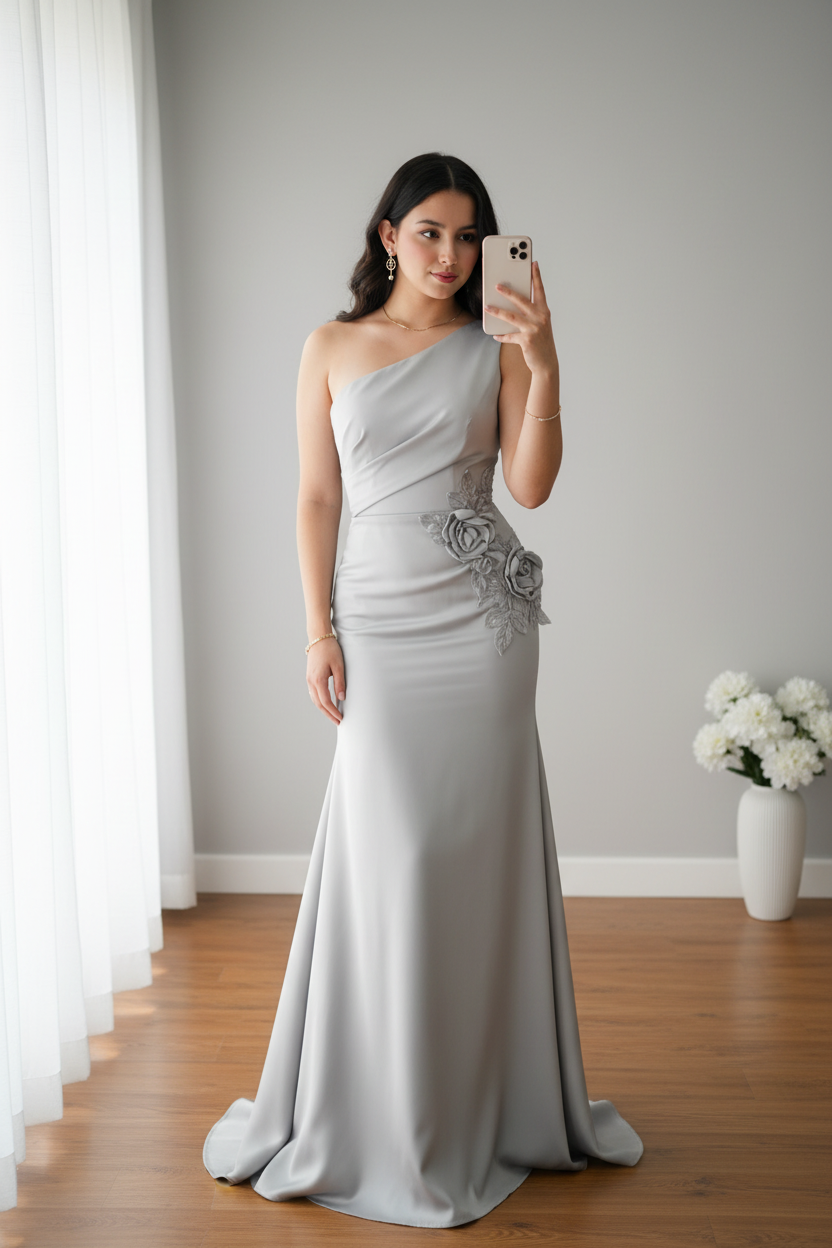 Vestido gris plateado hombro único sirena C.1926