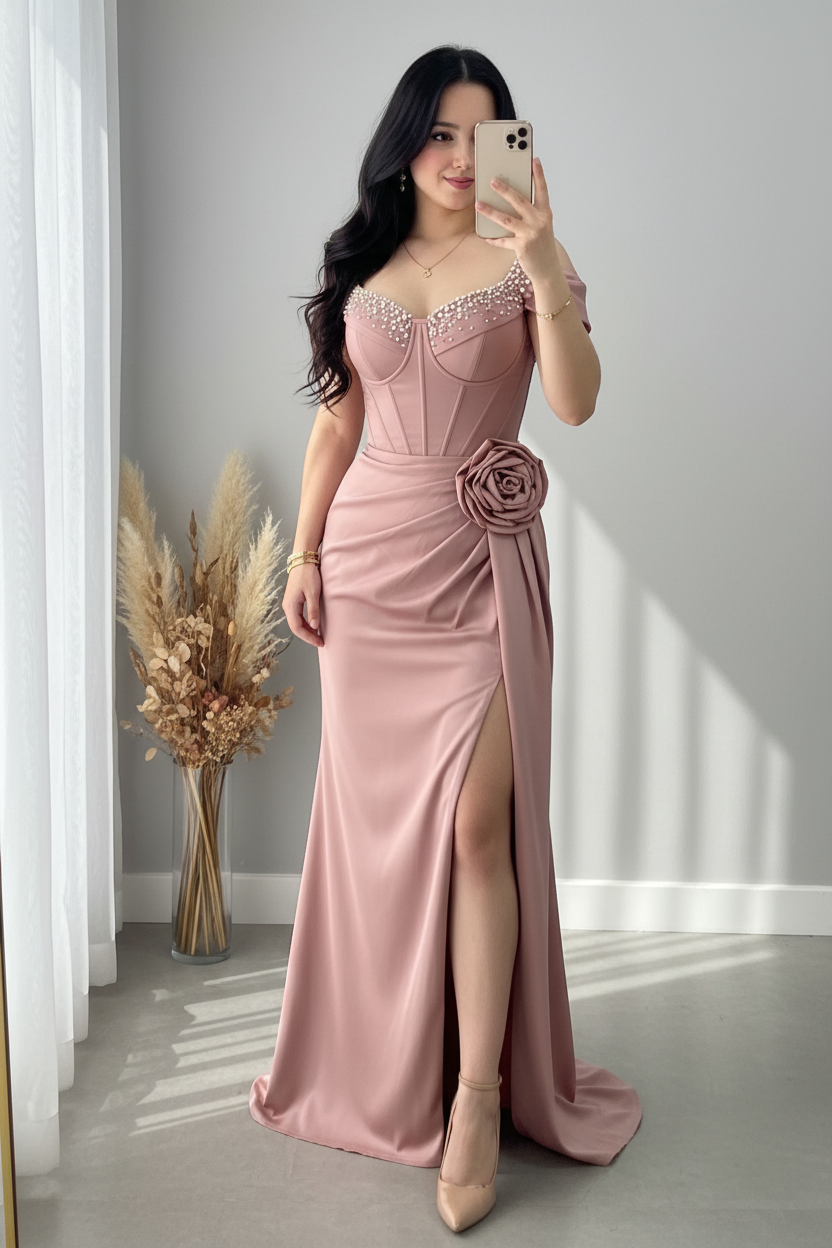 Vestido Rosa Palo Perlas Sirena cod.V766