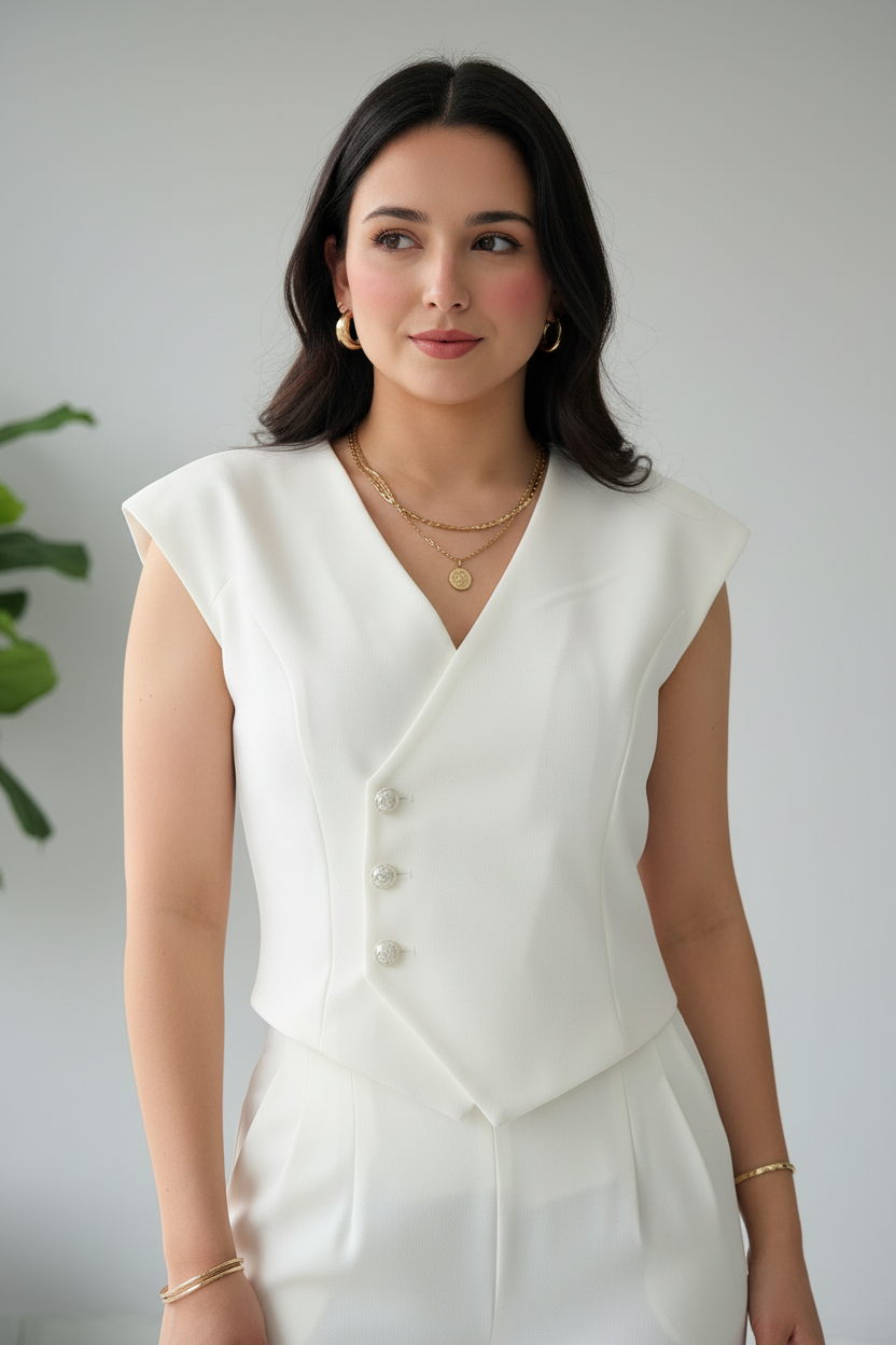 Conjunto Elegante Blanco: Chaleco con Botones + Pantalón Pierna Ancha - 2 Piezas cod.322