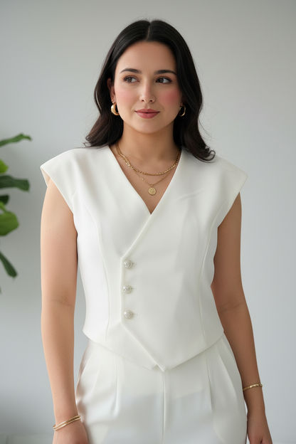 Conjunto Elegante Blanco: Chaleco con Botones + Pantalón Pierna Ancha - 2 Piezas cod.322