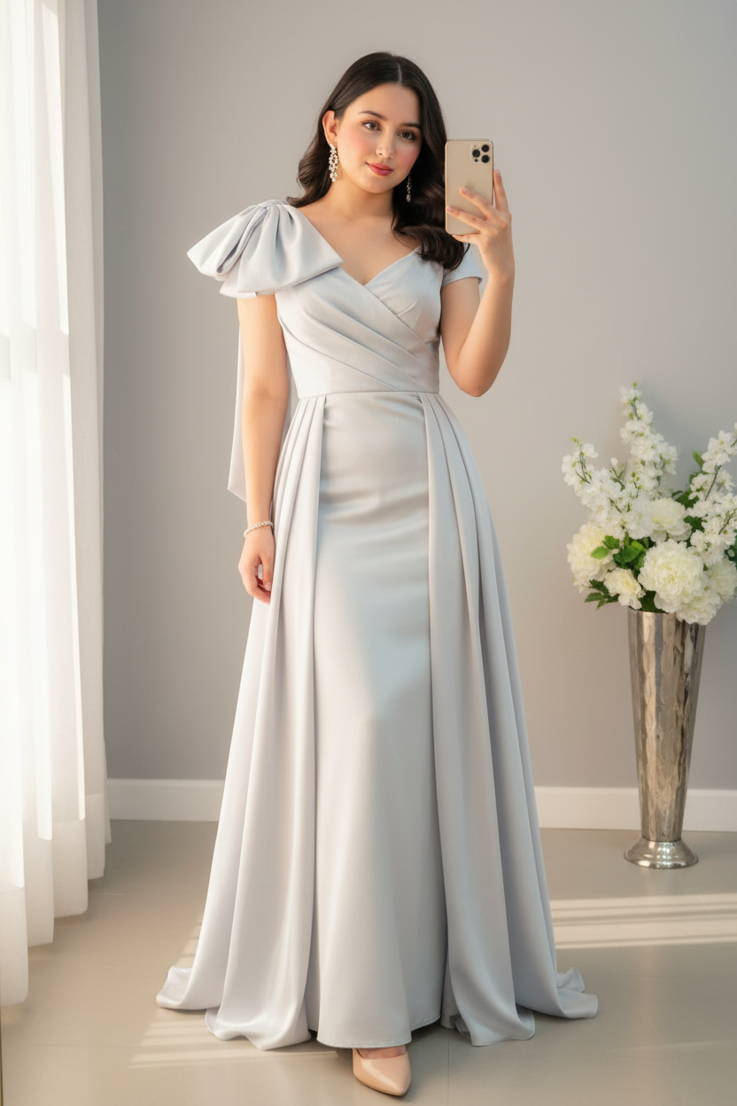 Vestido Gris Plateado Manga Abullonada Escote V Cruzado Falda A-Line — Gala y Eventos de Lujo cod.0071