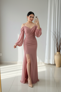Vestido Rosa Palo Off-Shoulder Manga Puff cod.V343