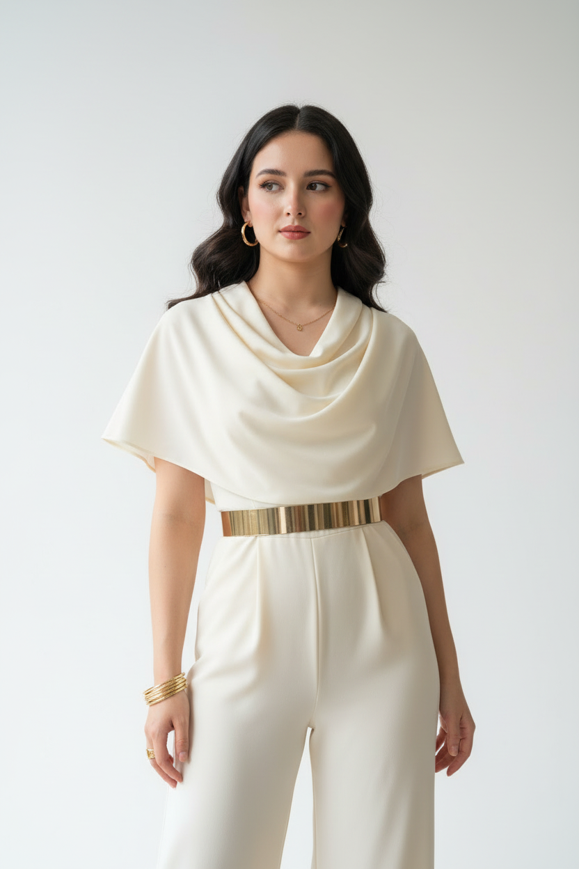 Enterizo Elegante Marfil con Capa  - Sofisticado cod.319