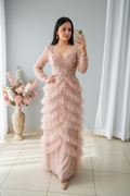 Vestido Rosa Palo Tul Manga Larga Corset con Falda en Capas Escalonada cod.V542