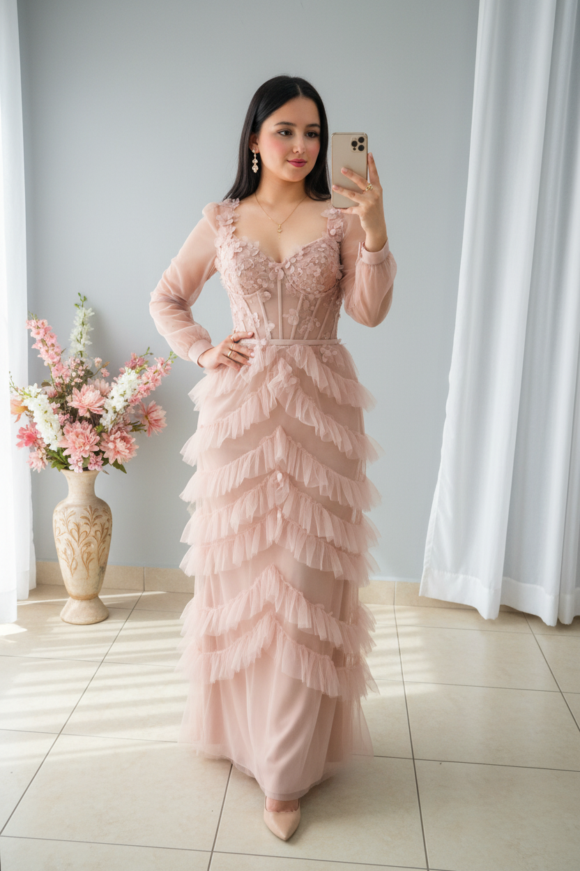 Vestido Rosa Palo Tul Manga Larga Corset con Falda en Capas Escalonada cod.V542