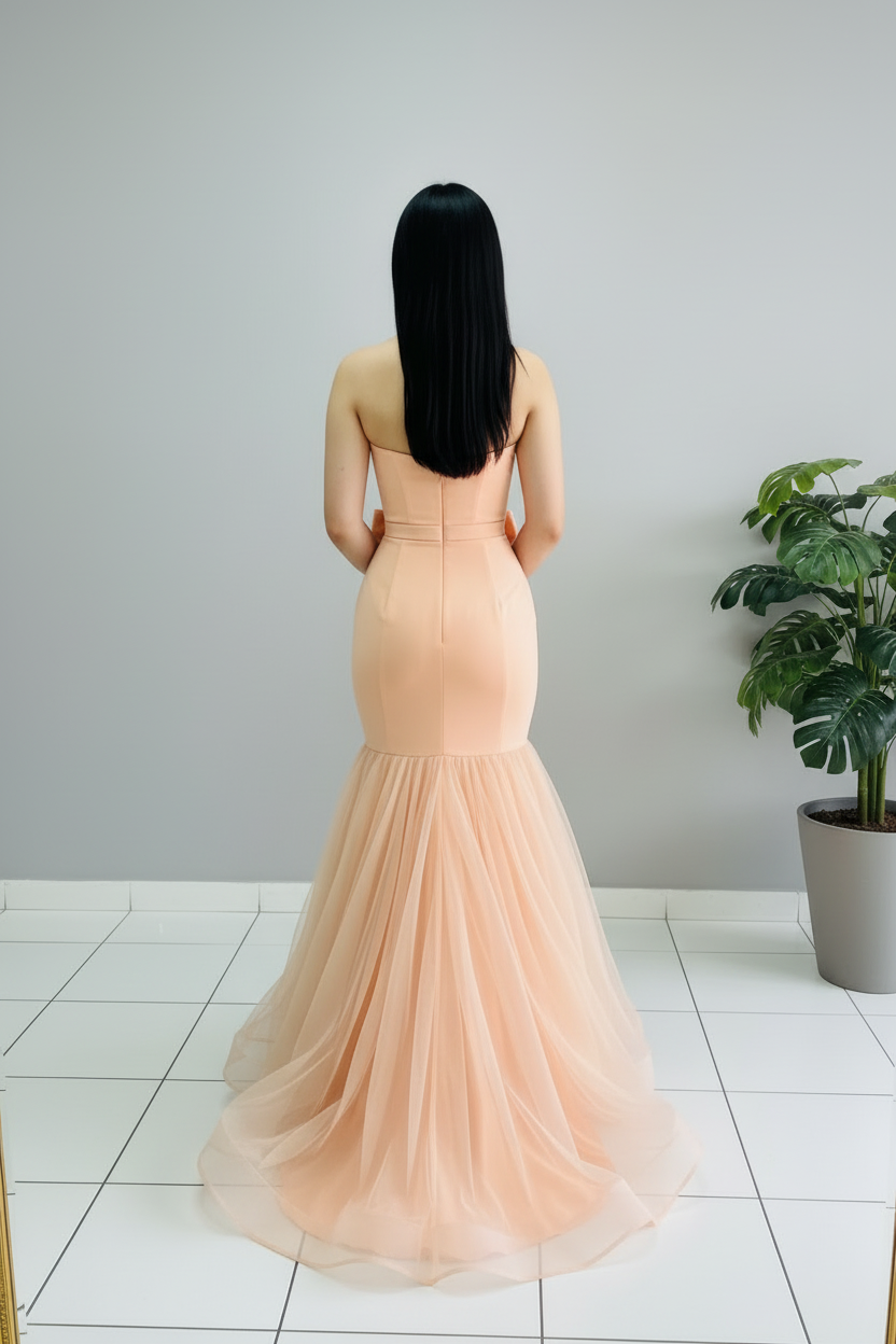 Vestido Peach Strapless Bow Sirena con Tul cod.608