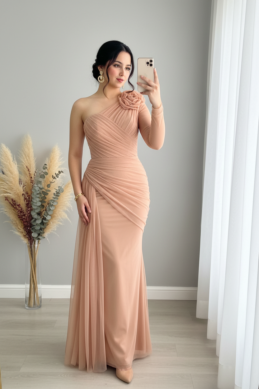 Vestido Sirena Blush Un Hombro Tul Drapeado Rosa D cod.V403