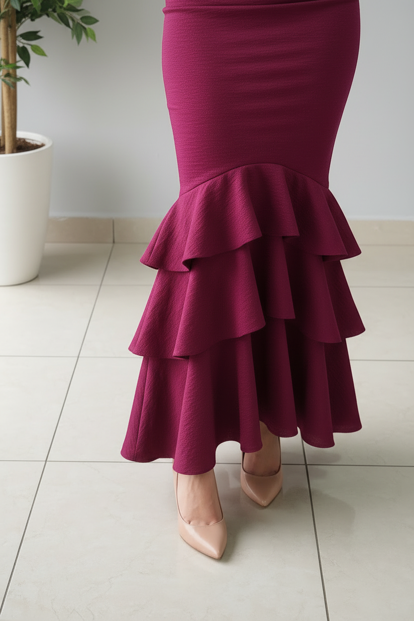 Vestido Borgoña Un Hombro con Rosa 3D y Volantes en Cascada Triple cod.449