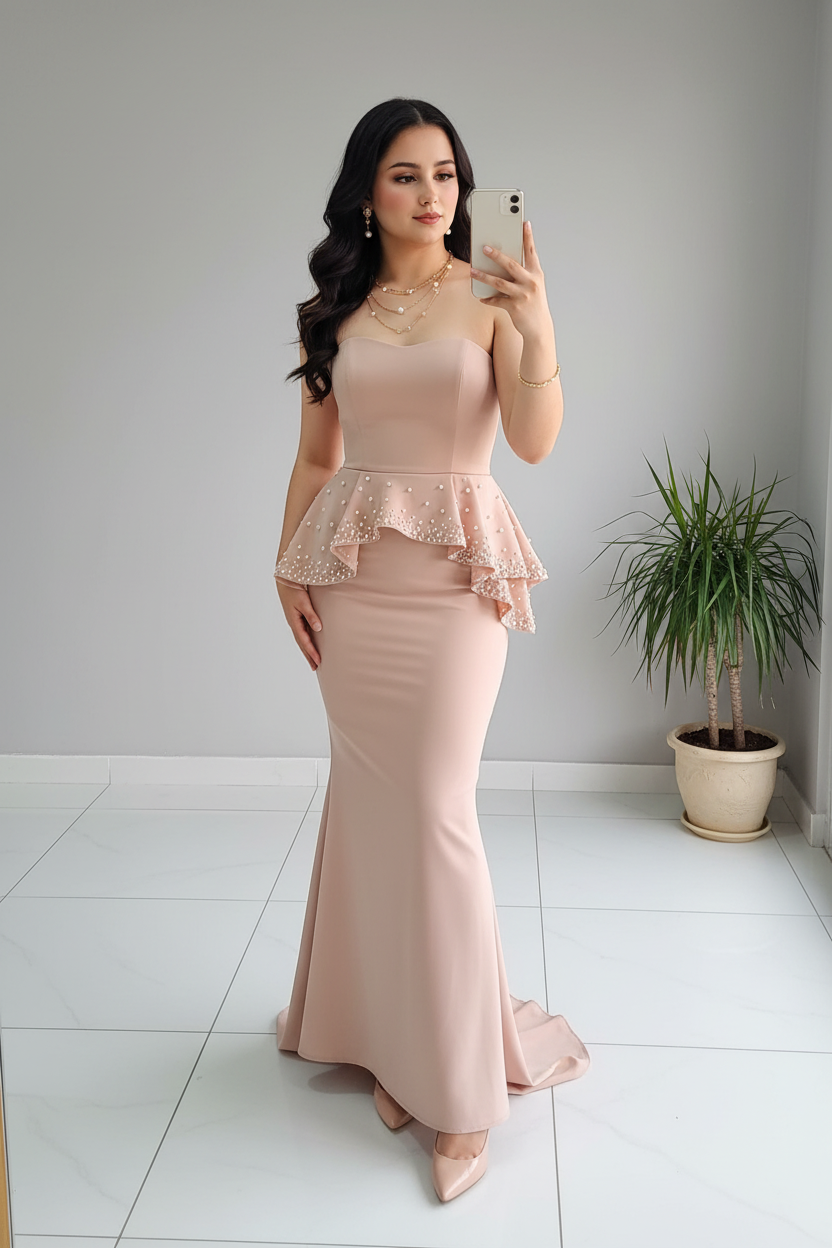 Vestido Formal Blush Strapless Peplum Doble con Perlas y Falda Sirena con Cola cod.541