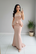 Vestido Formal Blush Strapless Peplum Doble con Perlas y Falda Sirena con Cola cod.541