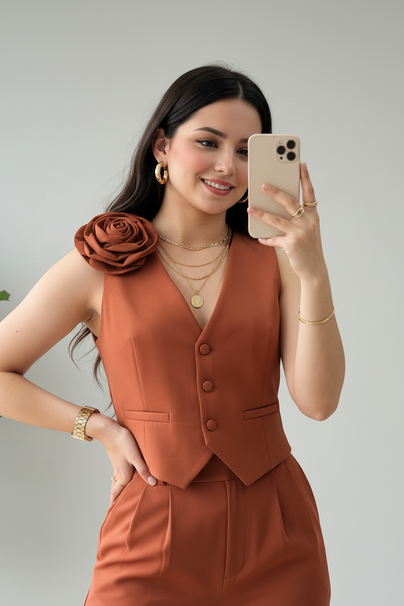 Conjunto Terracota: Chaleco con Rosa 3D y Pantalón Palazzo cod.411