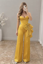 Conjunto Amarillo Dorado Blusa Corset Strapless Lazo Tul Perlas + Pantalón Recto cod.CJ004