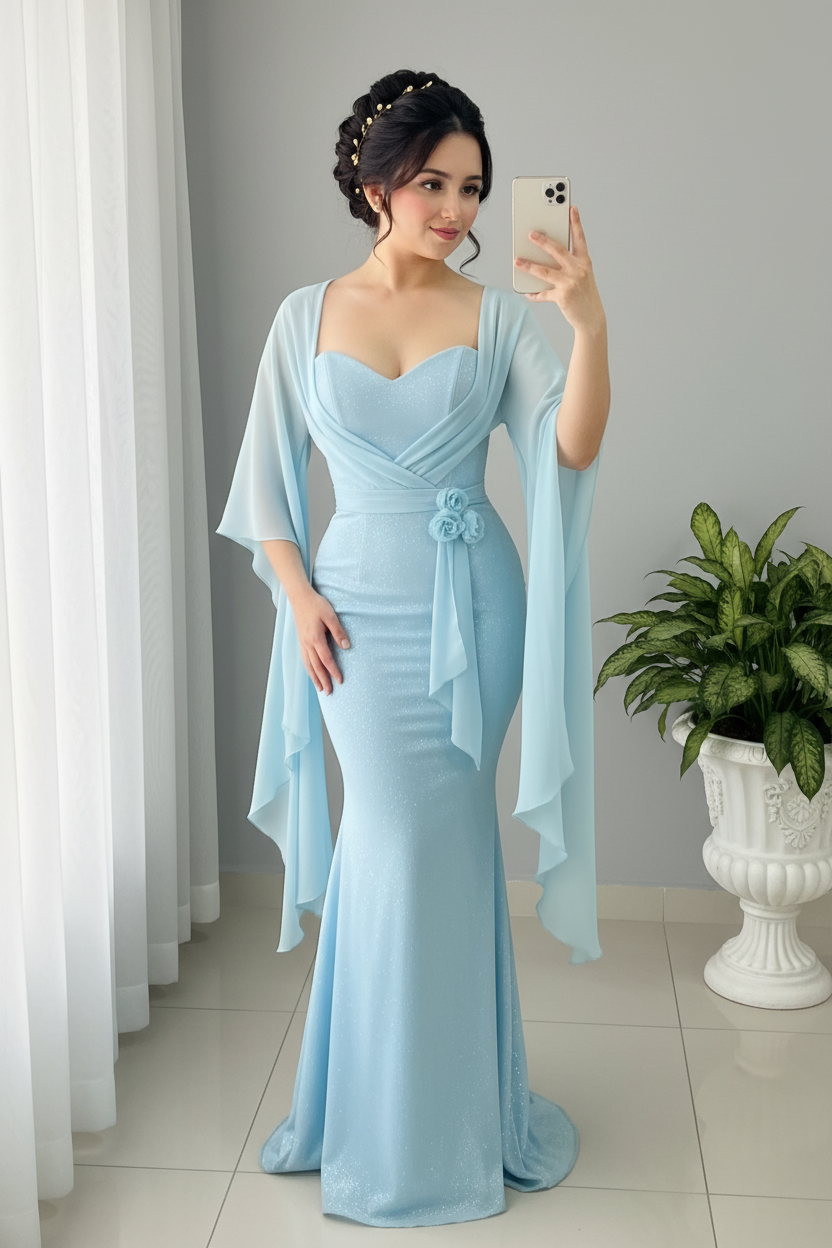 Vestido Azul Cielo Corsé Mangas Gasa cod.0010
