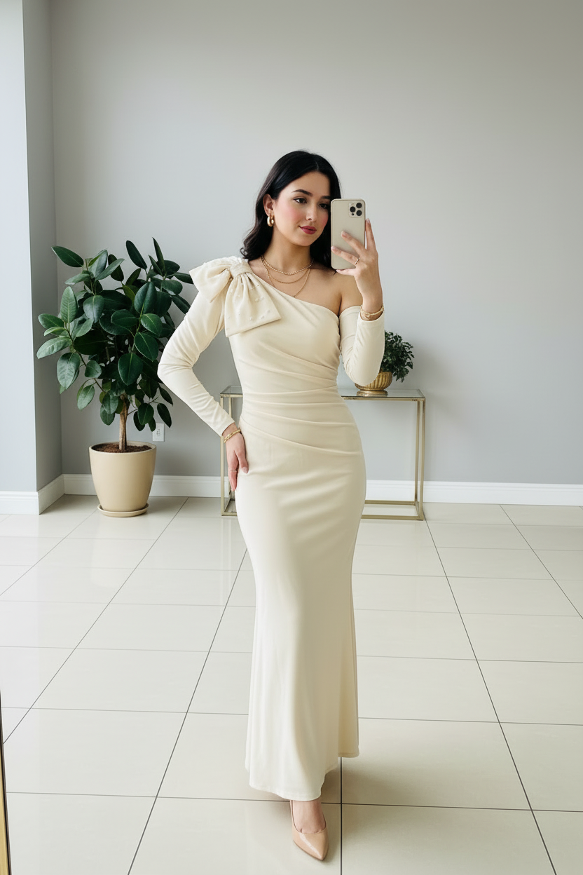 Vestido Elegante Crema con Moño One Shoulder - Manga Larga Sirena Largo cod.360