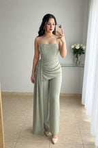 Enterizo Verde Sage Bustier Perlas Drapeado Lateral Pantalón Recto cod.E0004