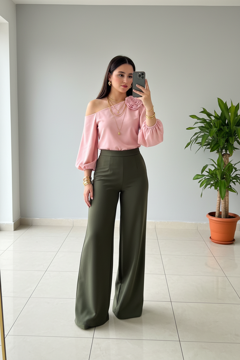Blusa Elegante Rosa Off-Shoulder con Rosa 3D - Hombros Descubiertos Romántica cod.328