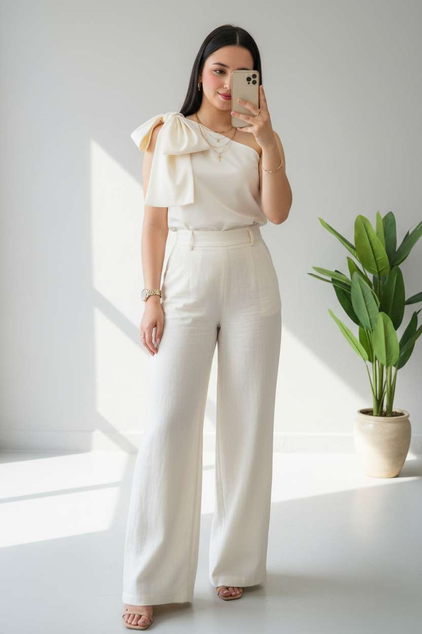 Conjunto Ivory One-Shoulder Bow & Palazzo cod.583