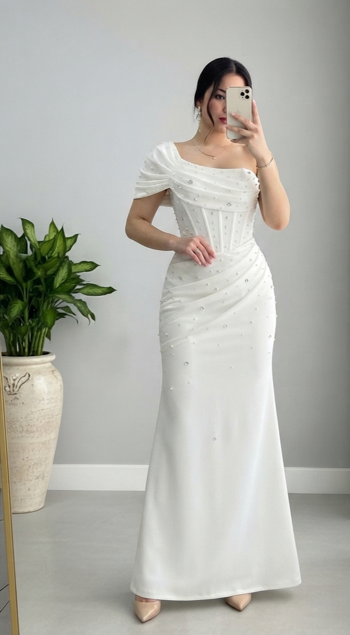 Vestido Blanco Ivory Sirena con  Off-shoulder Cod.V827