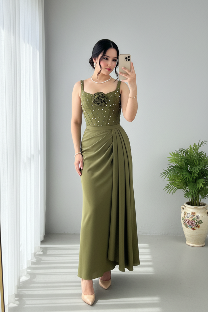 Vestido Verde Oliva Tirantes Corset con Perlas Rosa 3D y Drapeado Asimétrico cod.816