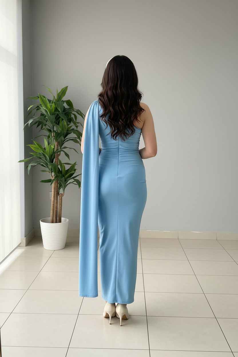 Vestido Azul Cielo Un Hombro con Capa Drape Larga cod.446