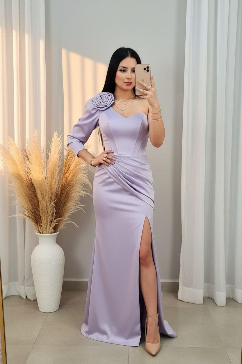 Vestido Satinado Lila Un Hombro cod.00187