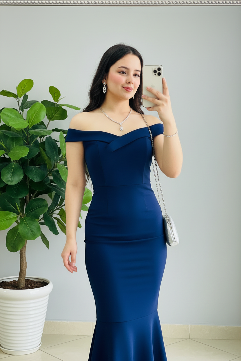 Vestido Azul Navy Off-Shoulder Sirena con Falda en 2 Capas cod.379