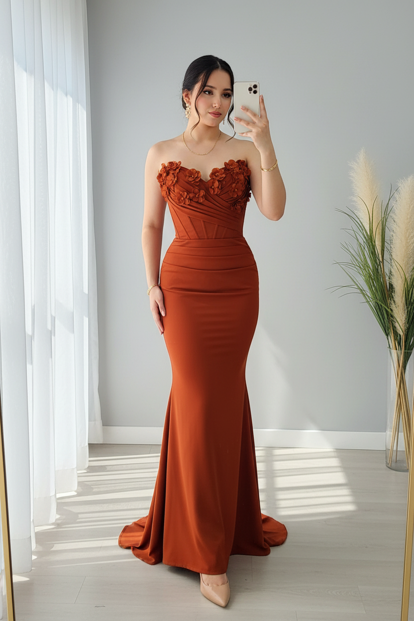 Vestido Sirena Terracota — Escote Corazón Strapless, Flores 3D & Corpiño Fruncido cod.896