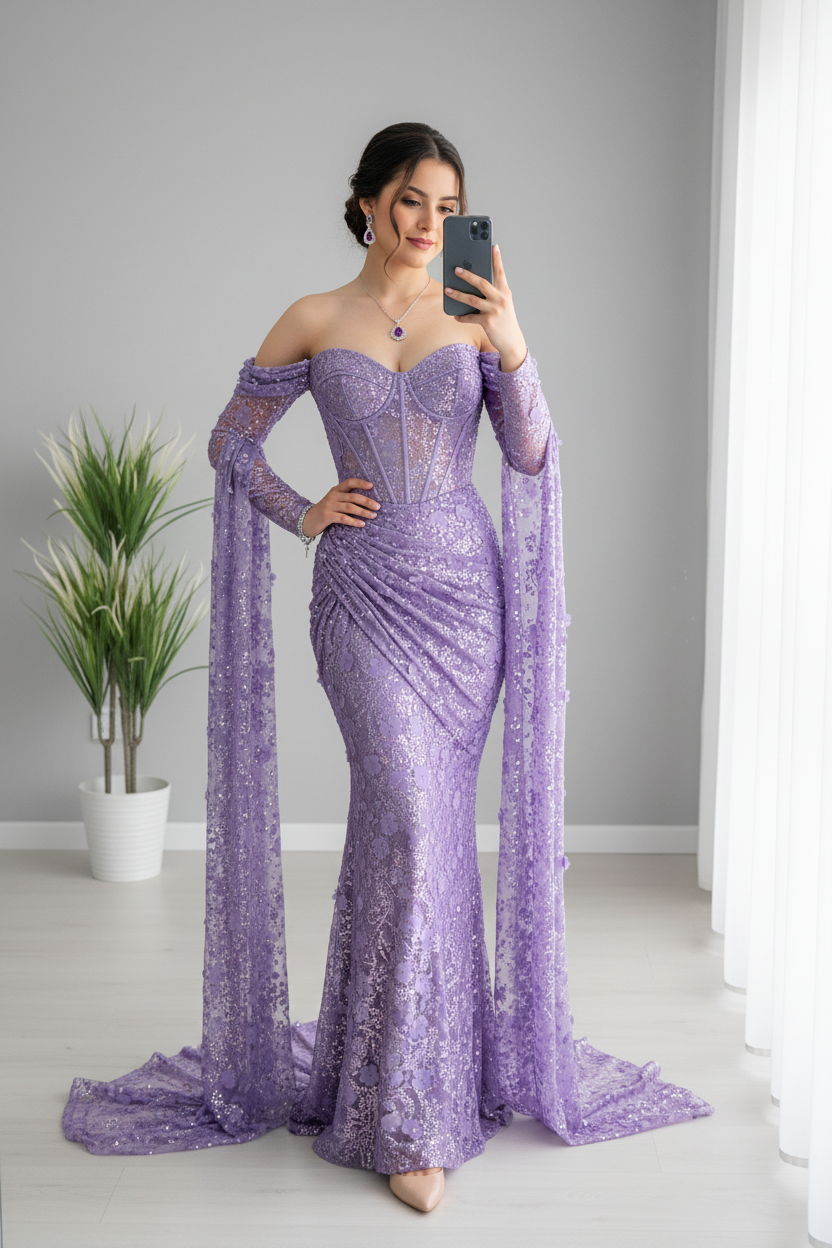 Vestido Sirena Lila Encaje Mangas Capa cod.913