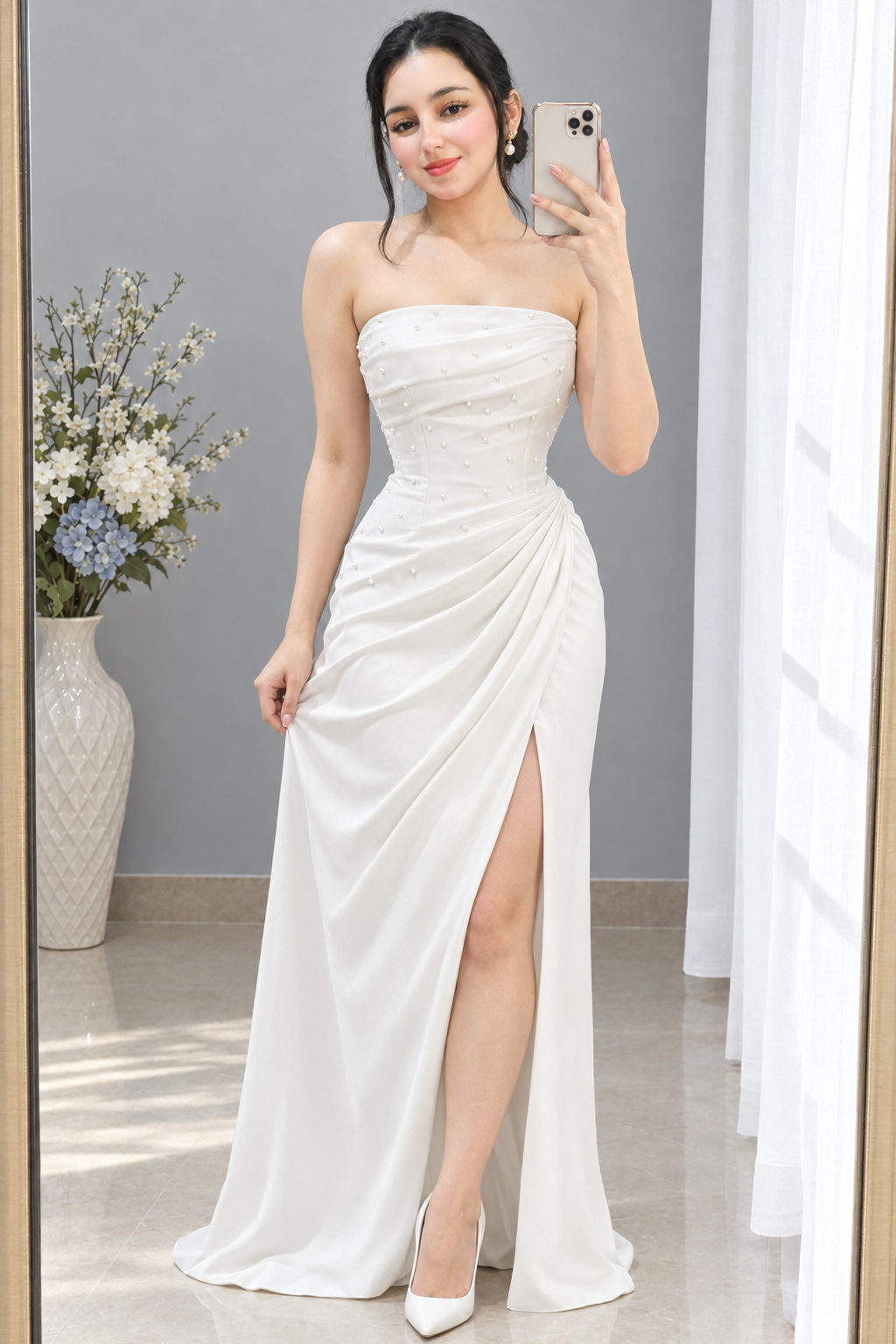 Vestido largo blanco strapless drapeado con abertura y espalda corsé cod. VC030