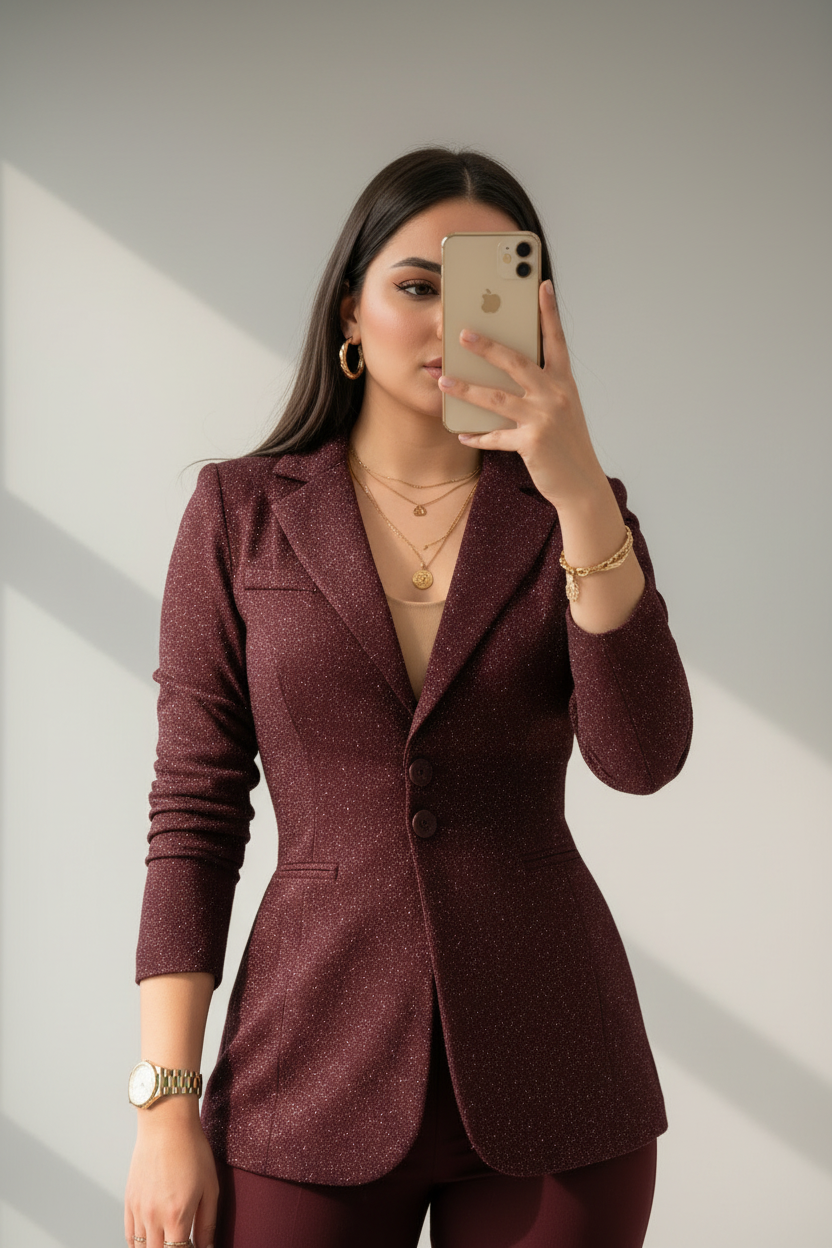 Conjunto Ejecutivo Borgoña con Glitter Dorado Blazer y Pantalón Slim cod.442