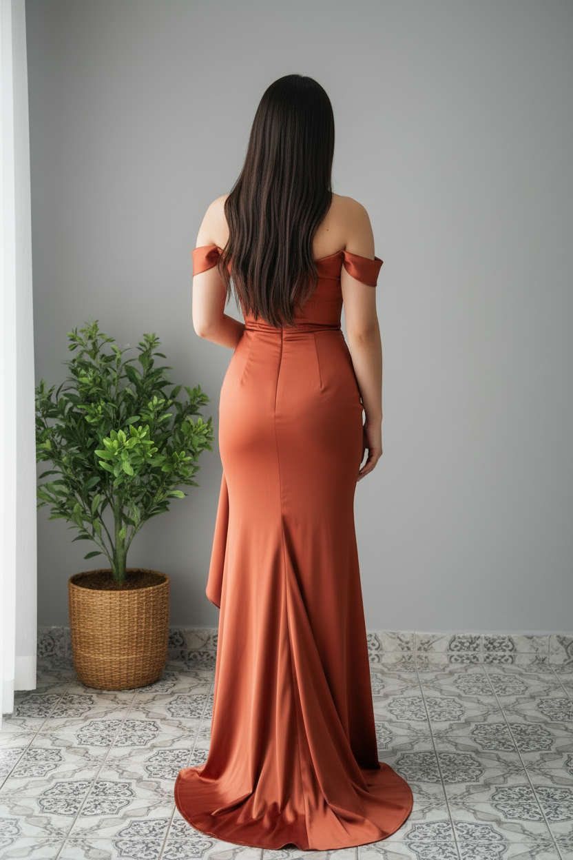 Vestido Sirena Terracota Satinado Rosa D cod.628