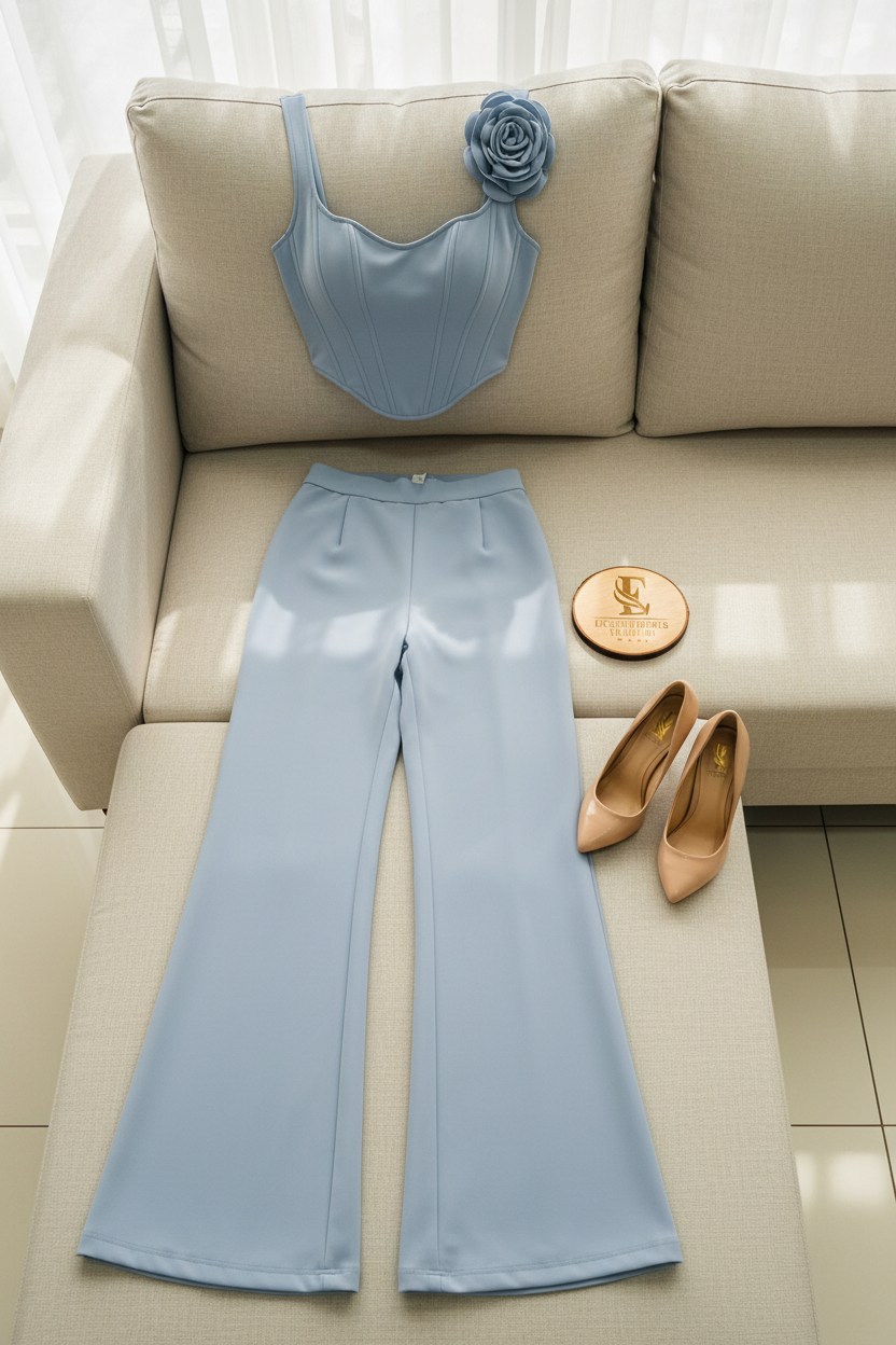 Conjunto Azul Cielo Top Corset con Rosa 3D y Pantalón Palazzo cod.474