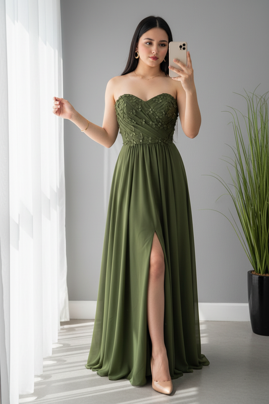 Vestido Verde Olivo Bordado Floral con Abertura cod.V642