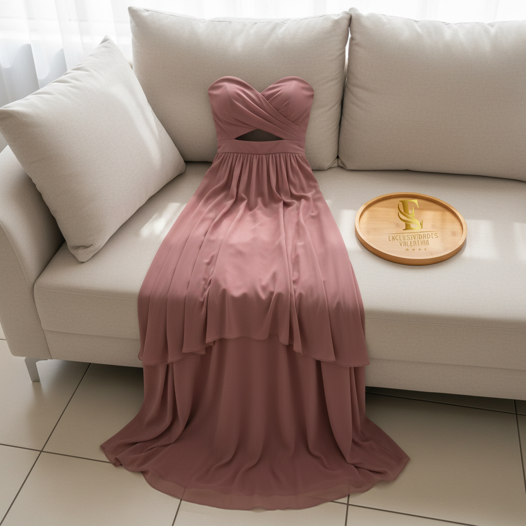 Vestido Rosa Mauve Strapless con Cutout y Falda en 3 Capas cod.368