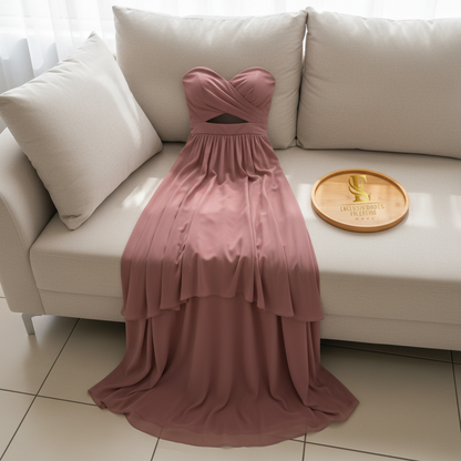 Vestido Rosa Mauve Strapless con Cutout y Falda en 3 Capas cod.368