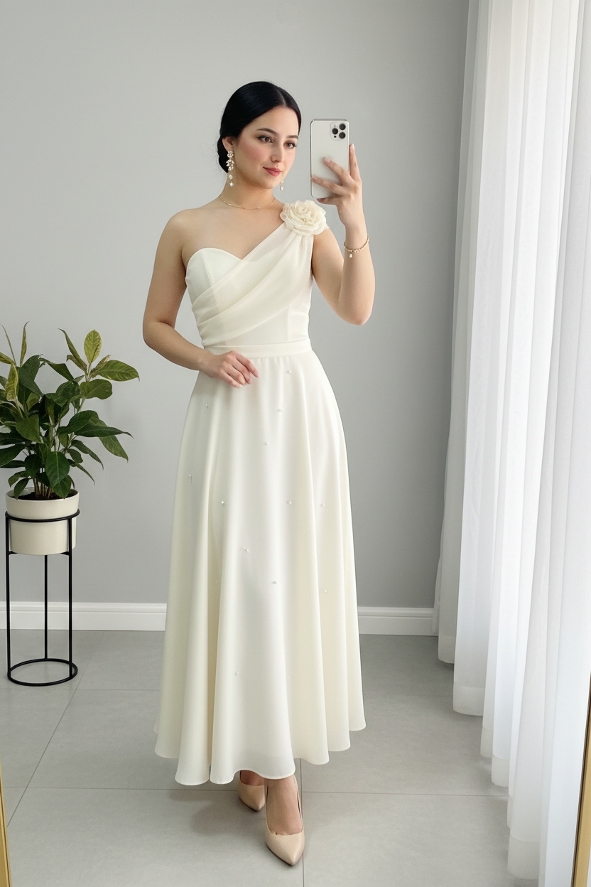 Vestido Blanco Marfil Un Hombro Drapeado Flor 3D Falda A-line Satin Perlas Tea Length cod.847
