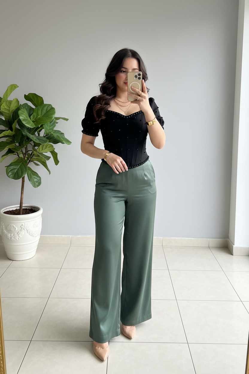 Conjunto Elegante: Top Negro con Tachuelas + Pantalón Verde Salvia Pierna Ancha - Sofisticado cod.337