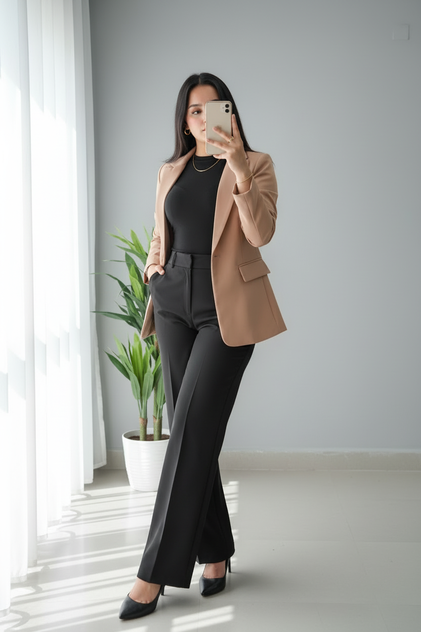 Conjunto 3 Piezas Blazer Camel Top Negro y Pantalón Acampanado Negro cod.769