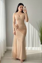 Vestido Largo Nude Sirena Rosa 3D Manga Tul cod.V712