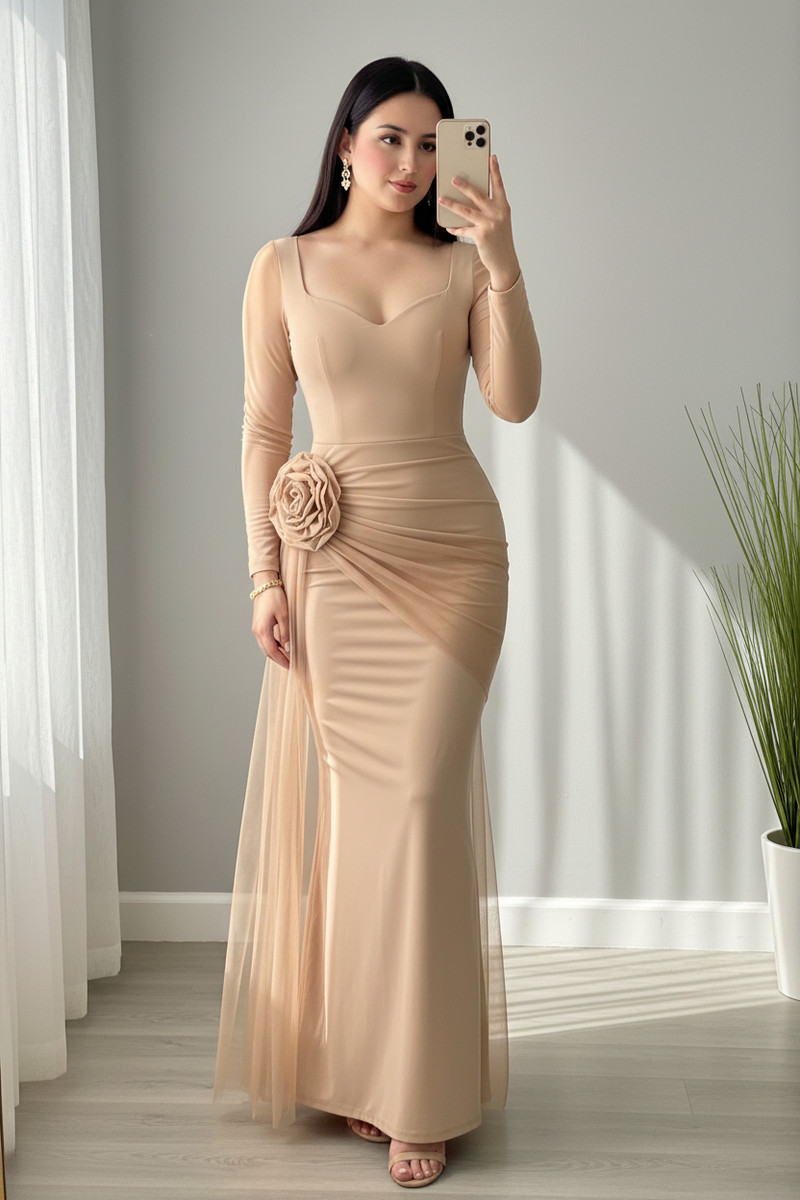 Vestido Largo Nude Sirena Rosa 3D Manga Tul cod.V712