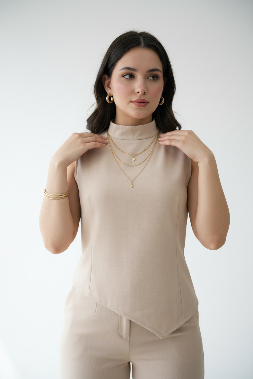 Conjunto Elegante Beige Nude: Top Cuello Alto + Pantalón Recto - Sofisticado Ejecutivo cod.349