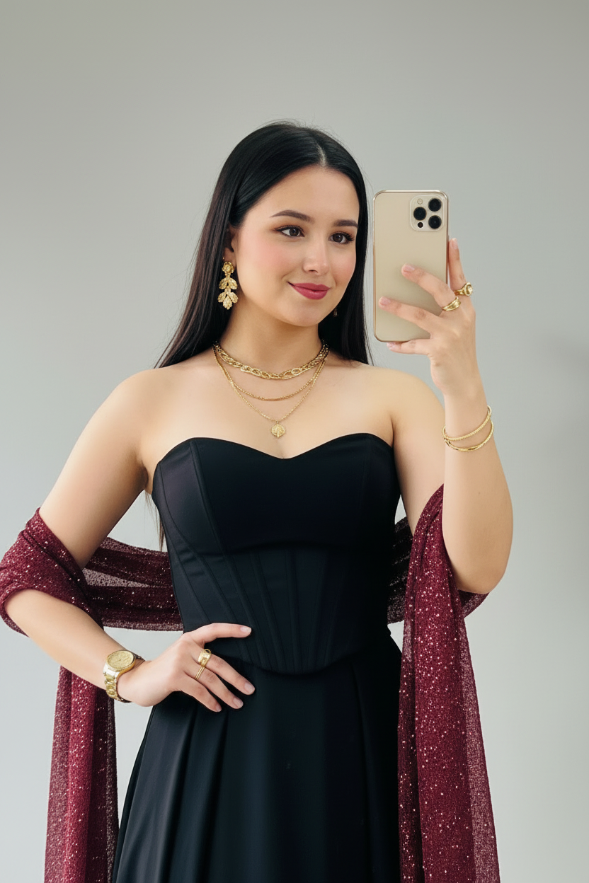 Vestido Negro Strapless Sweetheart con Chal Borgoña Glitter cod.438