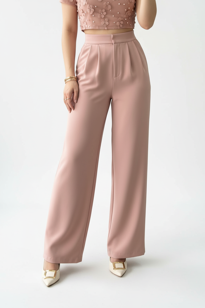 Conjunto Premium nude Pink : Top Crop con Flores 3D y Perlas + Pantalón Pierna Ancha cod.312