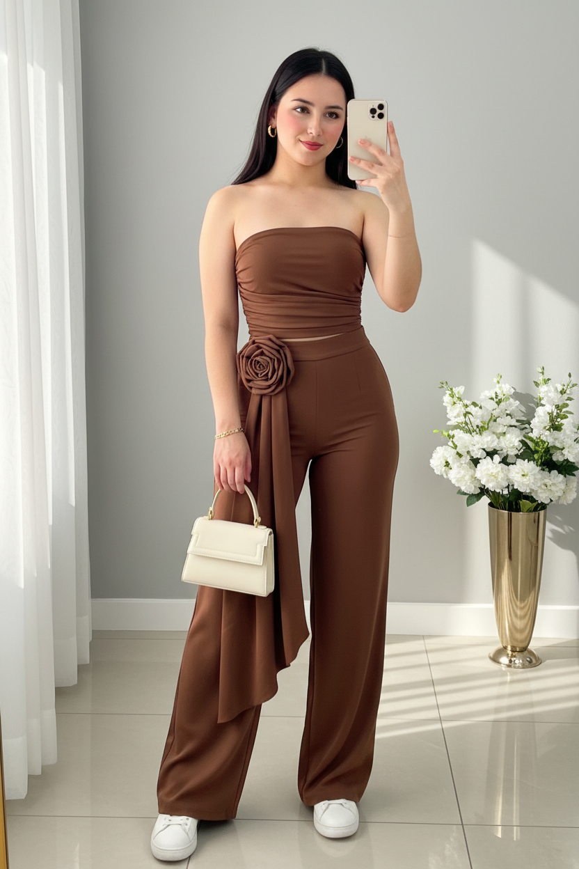 Conjunto Dos Piezas Café Marrón con Rosa cod.C930