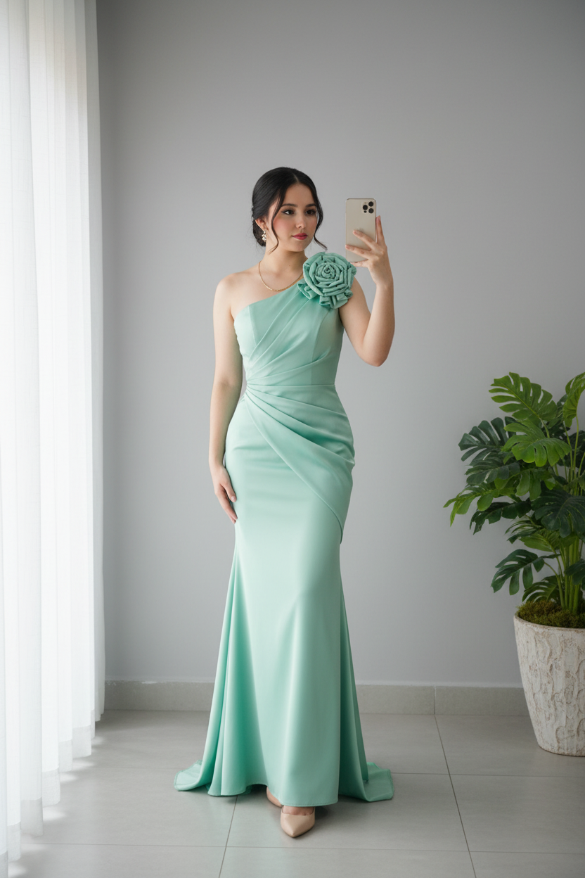 Vestido Menta Un Hombro Rosa 3D Sirena cod.921