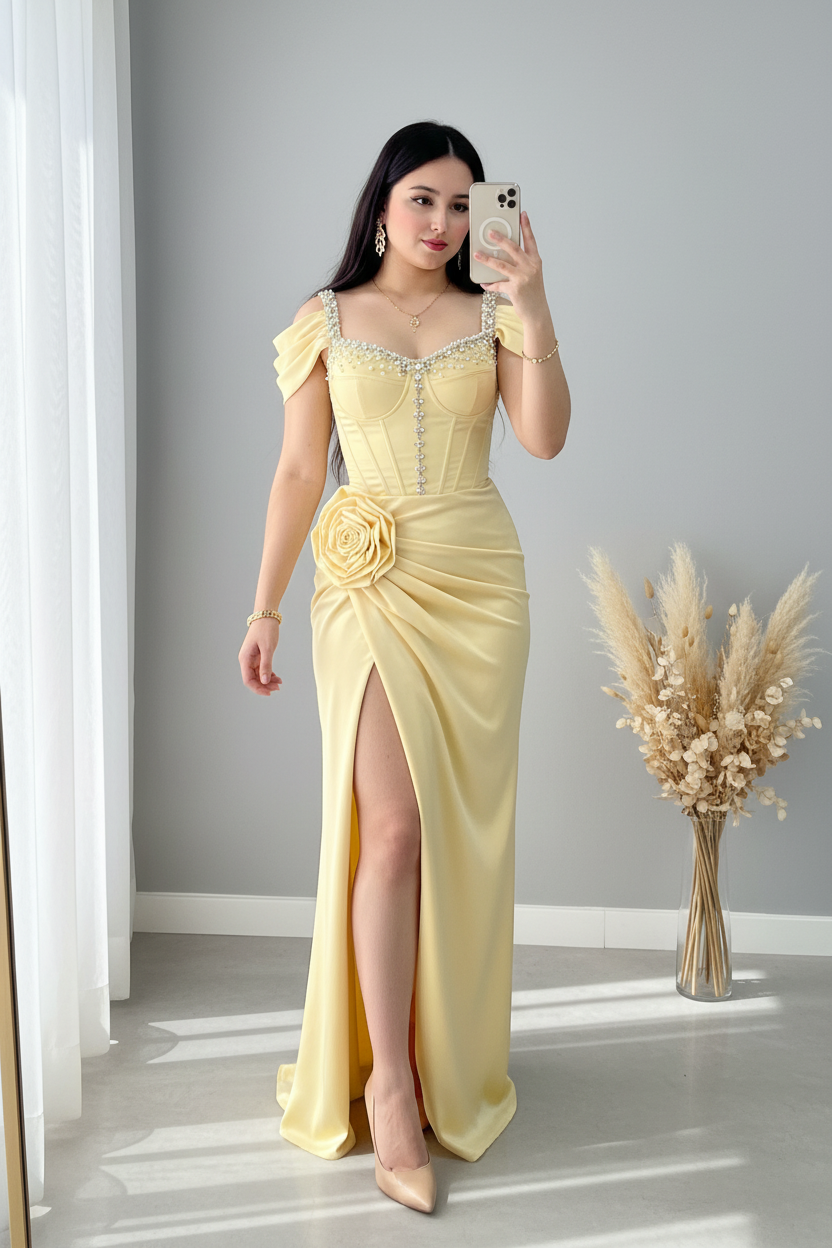 Vestido Amarillo Pastel Corset Cristales cod.V772