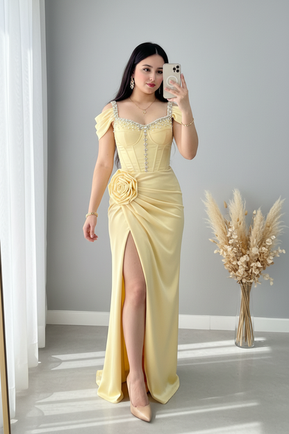 Vestido Amarillo Pastel Corset Cristales cod.V772