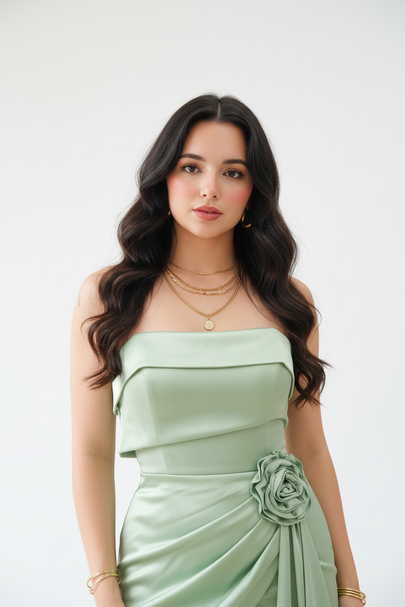 Vestido de Gala Verde Salvia con Rosa y Drapeado - Elegante Strapless cod.332