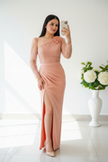 Conjunto Dos Piezas Rosa Palo Top de Tul con Perlas Rosa 3D y Falda Maxi cod.C951