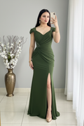 Vestido Verde Olivo Sirena con Perlas y Abertura Frontal cod.V510